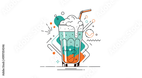 Artistic abstract illustration of a tall glass of a bubbly drink with foam on top and colorful geometric shapes in the background.