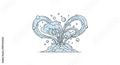 Dynamic line art illustration of water or soap bubbles splashing in a symmetrical fountain-like shape on a white background.