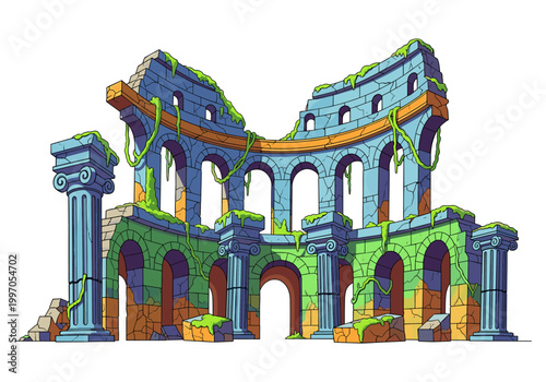 Ancient Roman amphitheater ruins overgrown with moss and vines