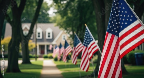Patriotic 4th of july display american flags lining a residential street