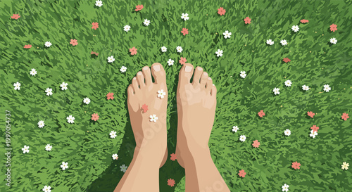 Top down perspective of bare feet standing on a lush green grass field dotted with many small white and red wildflowers.