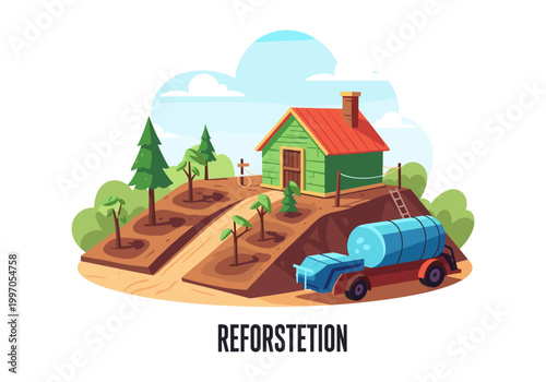 Reforestation efforts with a water truck and saplings on a hillside
