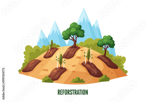 Reforestation efforts show new growth on a hillside with mountains in the background
