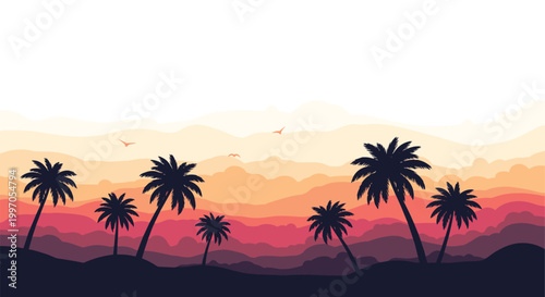 Tropical sunset landscape features palm tree silhouettes against a colorful background of layered hills and flying birds at dusk.