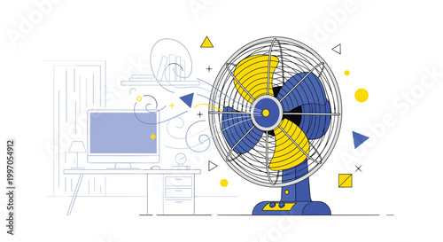 Desk fan provides a cool breeze in a home office setting featuring a computer monitor and various abstract geometric elements.