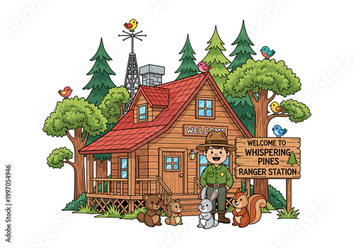 Friendly park ranger welcomes woodland creatures to a charming forest ranger station