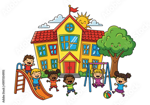 Happy children playing and sliding at a colorful kindergarten building
