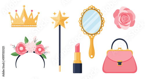 Set of princess themed accessories includes a gold crown and magic wand along with a hand mirror and floral headband.