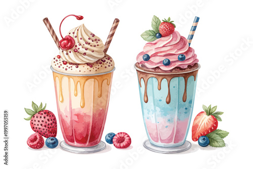 Hand-Painted Milkshake Watercolor, Cold Dessert Drink Clipart, Isolated Vector Illustration