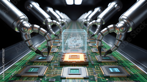 Robotic arms assembling a central processing unit on a futuristic circuit board with glowing components