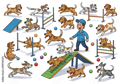 Cartoon dogs and handler participating in an agility training course with obstacles