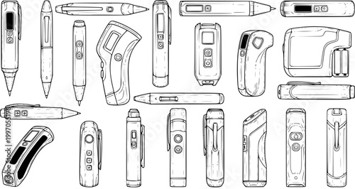 Set of Hand-Drawn Black and White Line Art Illustrations of Various Spy Gadgets, Hidden Cameras, Voice Recorders, and Disguised Devices like Pens, Key Fobs, and USB Drives.
