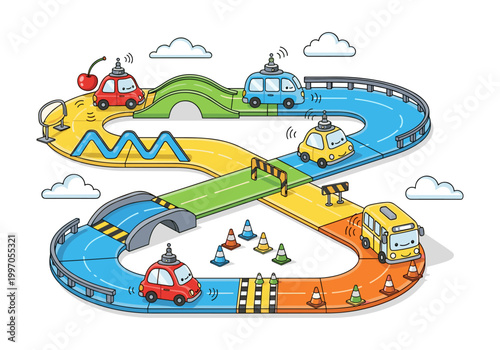 Cute cartoon cars and bus driving on a colorful race track with bridges and cones
