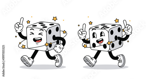 Two playful dice characters with happy faces and lanky limbs run joyfully through a shower of small golden stars.