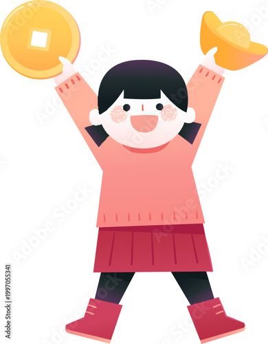 Girl Raising Gold Ingot and Coin