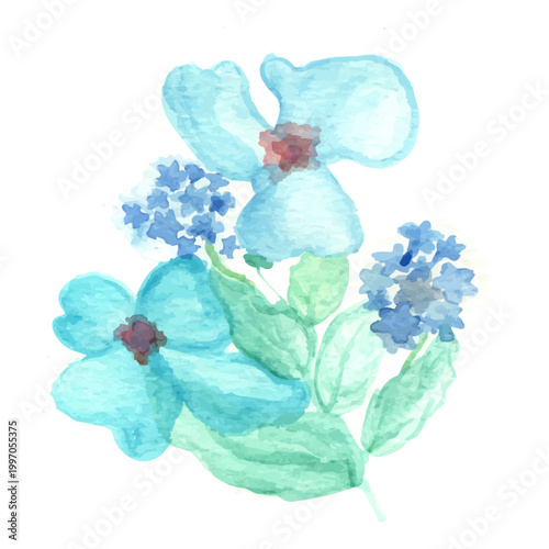 Blue Floral Botanical Element Hand-Drawn Watercolor Art