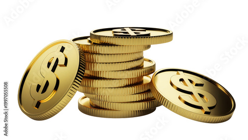 Stacked golden dollar coins with two coins angled outward