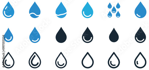 Water drop icon set, blue, black, and line droplet icons collection, drop shape symbols for water, blood, or oil, plumbing logo concepts, clean modern vector illustration.
