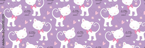 Cute cartoon animal set featuring pink seamless patterns with hearts and flowers, including a lovely vector illustration of a baby bear, cat, and rabbit for fun child-themed art and toy designs