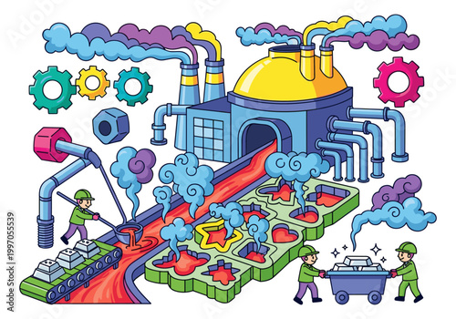 Cartoon factory producing metal ingots with workers and molten material