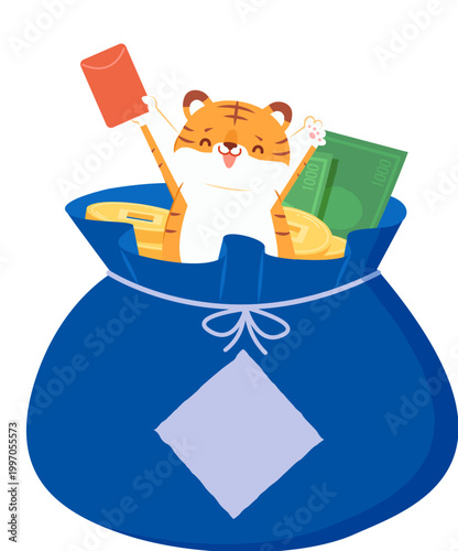 Cute Tiger Shows Up From Treasure Bag