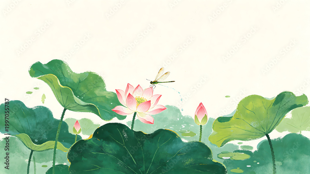 Naklejka premium Lixia Solar Term Fresh Green Lotus Pond Illustration