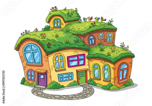 Whimsical cartoon house with green roof and colorful windows