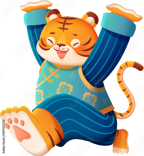 Happy Tiger in Costume Raising Hands