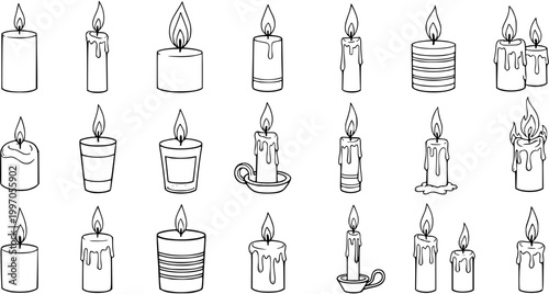 Black and White Line Art Illustrations of Various Candles with Flames