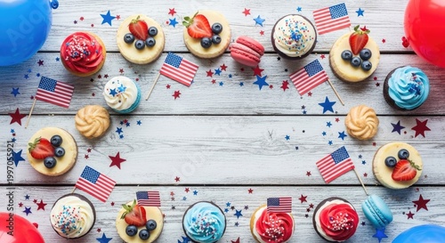 Festive 4th of july treats patriotic cupcakes cookies on wooden background