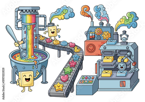 Whimsical cartoon factory producing colorful soaps in fun shapes on a conveyor belt