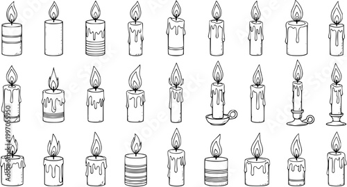 Hand-drawn sketch set of burning candles. Vector outline illustrations of various simple candle designs with dripping wax, isolated.