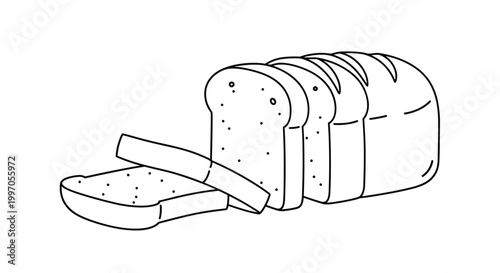 Sliced loaf of white bread with several pieces cut from the main block presented in a clean black and white line art drawing.