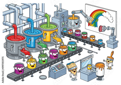 Cartoon paint factory producing colorful cans and painting a rainbow on a canvas