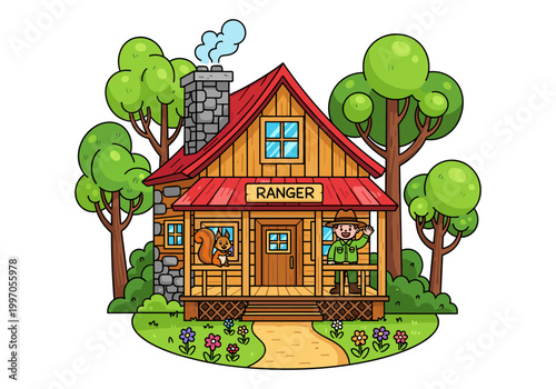 Cartoon ranger station with a friendly park ranger and a squirrel greeting visitors