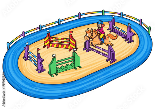 Cartoon horse and rider jumping over obstacles in a colorful equestrian arena