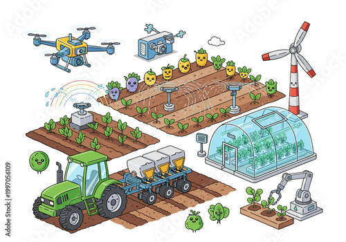 Modern farm automation with drone, tractor, and robotic arm for efficient agriculture