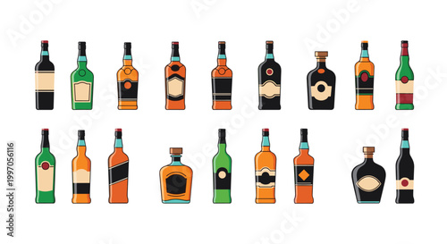 Set of different liquor and alcoholic beverage bottles with various shapes and labels arranged in two rows on a white background.