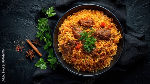 Delectable Golden Biryani Rice Pilaf Served in a Dark Ceramic Bowl Garnished with Fresh Parsley and Spices Amidst a Textured Black Background with Dramatic Lighting