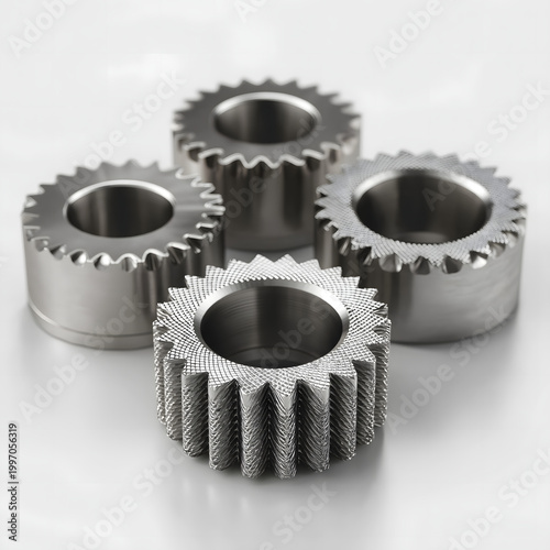A close up view of four precision engineered metal gears showcasing their intricate designs and distinct textures displayed against a clean white background