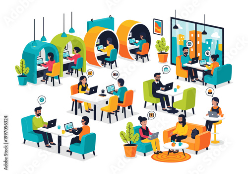 Diverse group of people working together in a modern co-working space with colorful pods