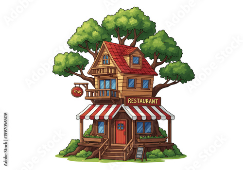 Charming cartoon treehouse restaurant with a rustic wooden design and vibrant green foliage