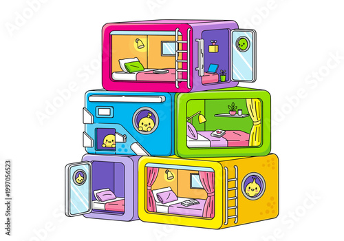 Cute cartoon capsule hotel rooms stacked in a colorful tower with happy characters