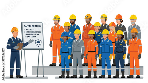 Safety Briefing for Diverse Oil Industry Workers with PPE Check, Hazard Awareness, Emergency Plan and Team Safety Guidelines