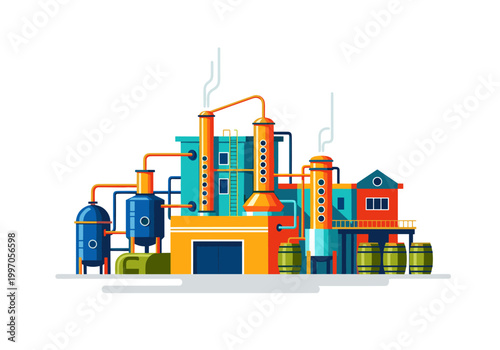 Modern industrial distillery with distillation columns and storage tanks