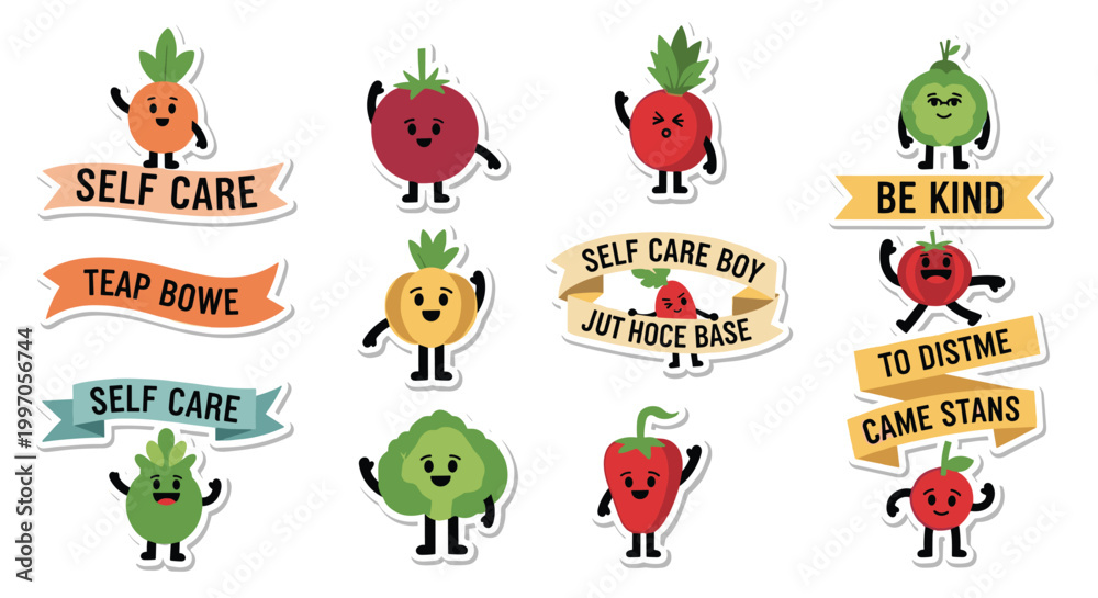 Obraz premium Set of cute fruit and vegetable stickers featuring friendly faces and positive self-care and kindness slogans for children.