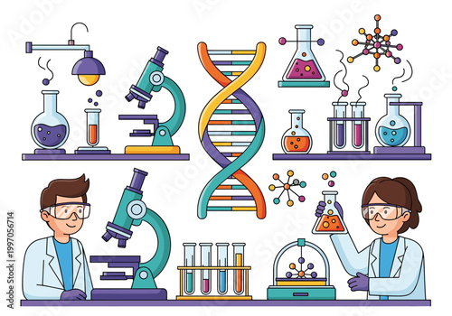 Scientists conduct experiments with DNA, microscopes, and colorful chemicals in a lab