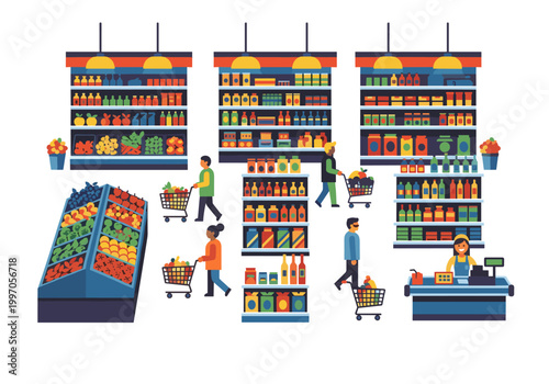 People shopping for groceries in a brightly lit supermarket with colorful produce and shelves