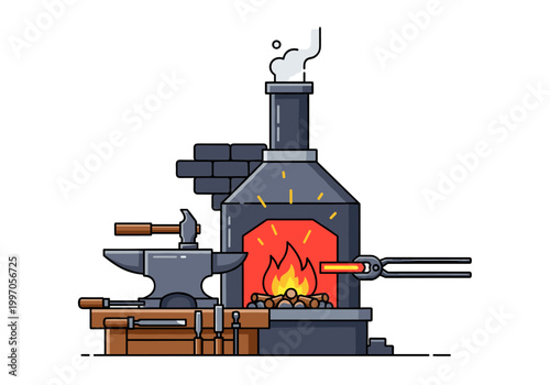 Blacksmith forge with anvil, hammer, tongs, and glowing metal