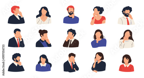 Collection of diverse people avatars in various poses of thinking and pondering ideas on a white background for business brainstorming.